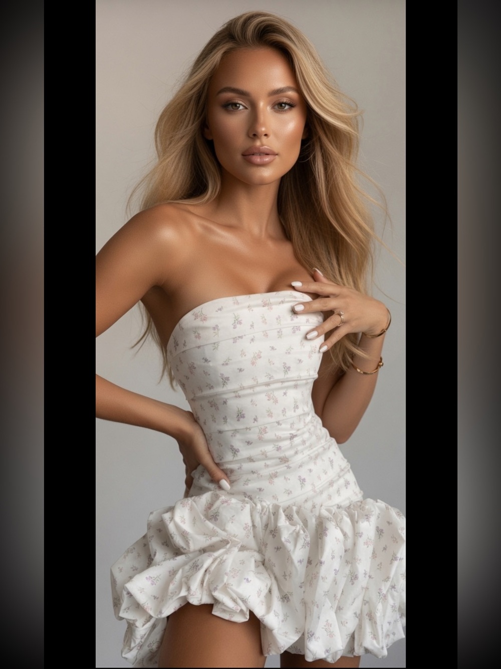 House of CB SERAFINA White Floral Print Strapless Dress Small US4-6$195